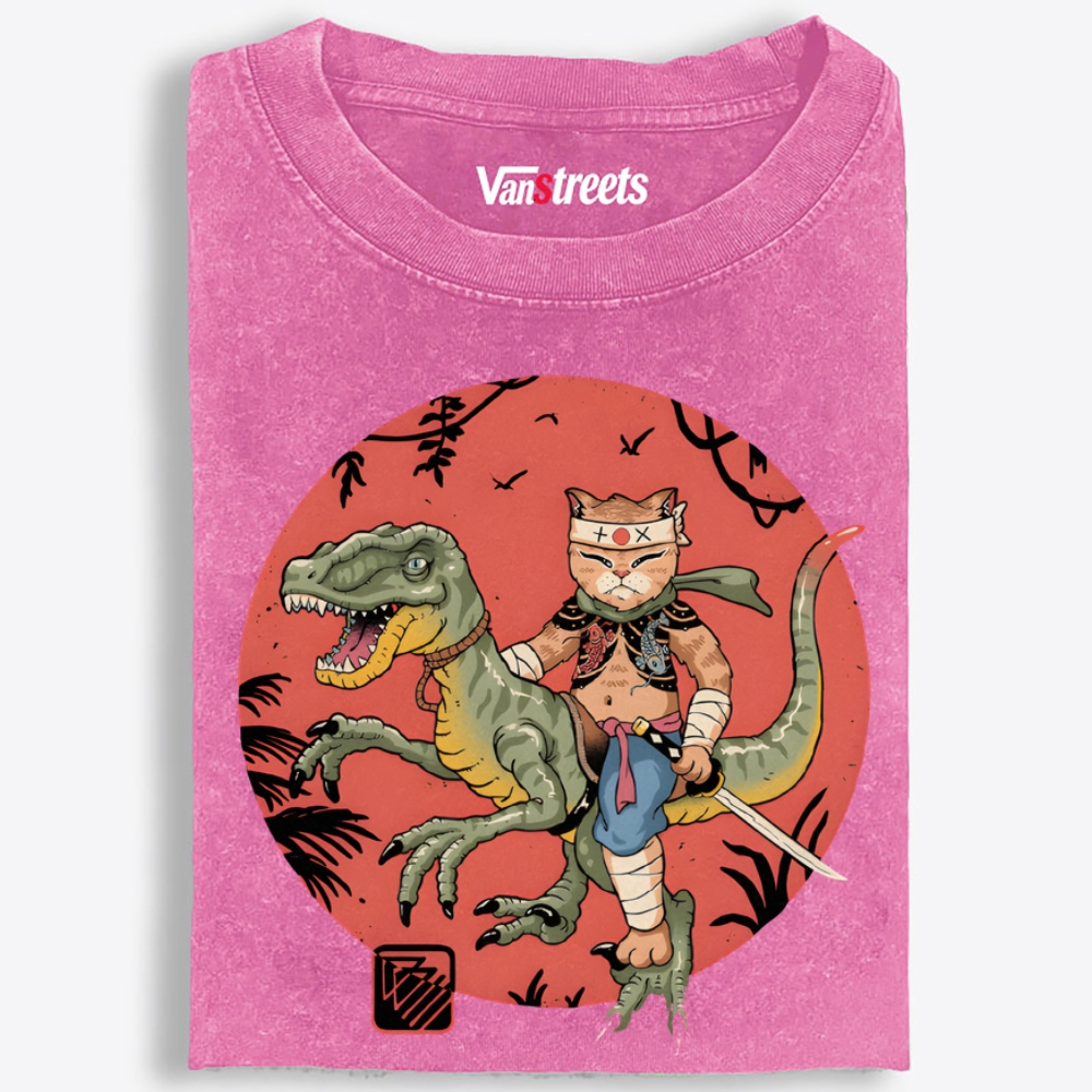 Samurai Cat Rider Retro Washed T-Shirt | 100% Cotton | Streetwear Essential