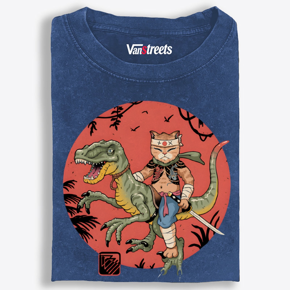 Samurai Cat Rider Retro Washed T-Shirt | 100% Cotton | Streetwear Essential