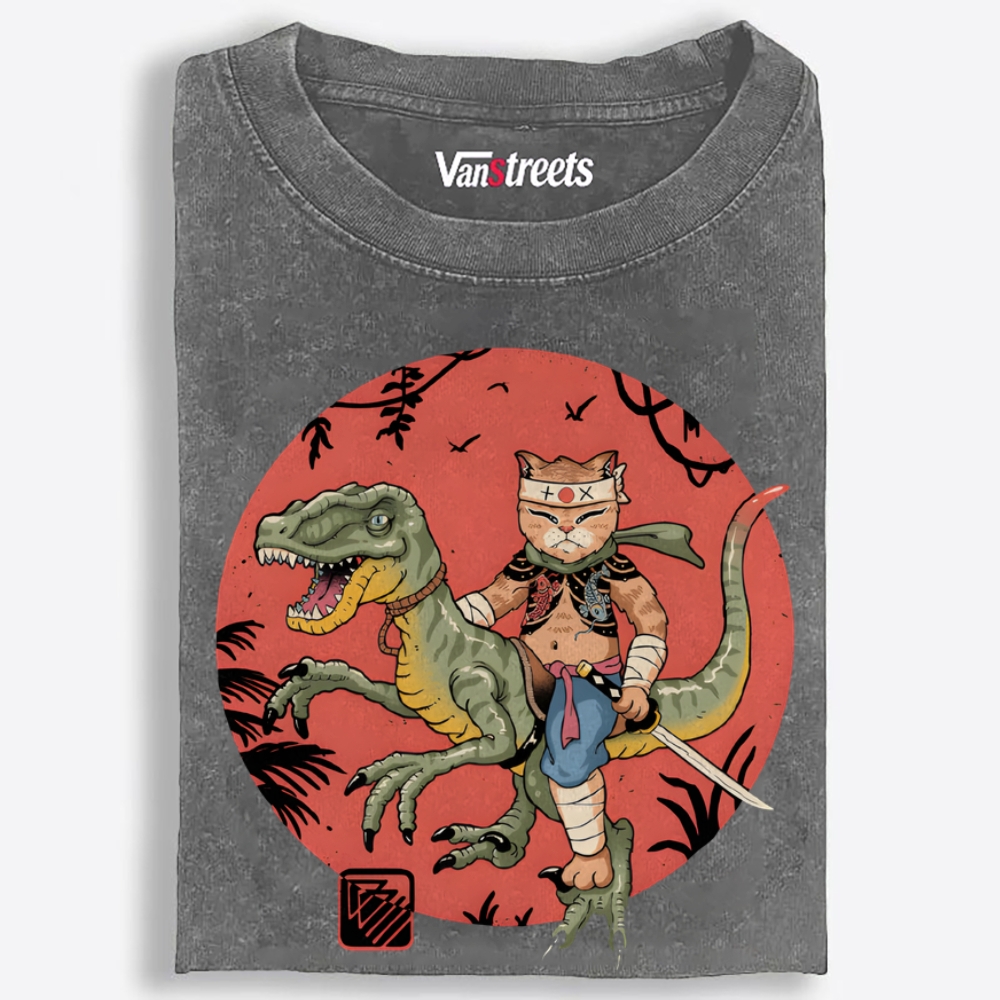 Samurai Cat Rider Retro Washed T-Shirt | 100% Cotton | Streetwear Essential