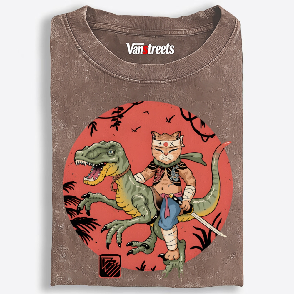 Samurai Cat Rider Retro Washed T-Shirt | 100% Cotton | Streetwear Essential