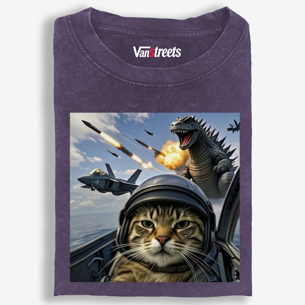 Kaiju Pilot Cat Retro Washed T-Shirt | 100% Cotton | Streetwear Essential