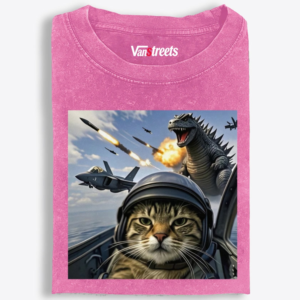 Kaiju Pilot Cat Retro Washed T-Shirt | 100% Cotton | Streetwear Essential