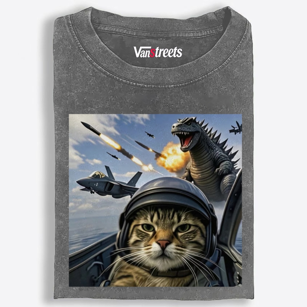 Kaiju Pilot Cat Retro Washed T-Shirt | 100% Cotton | Streetwear Essential