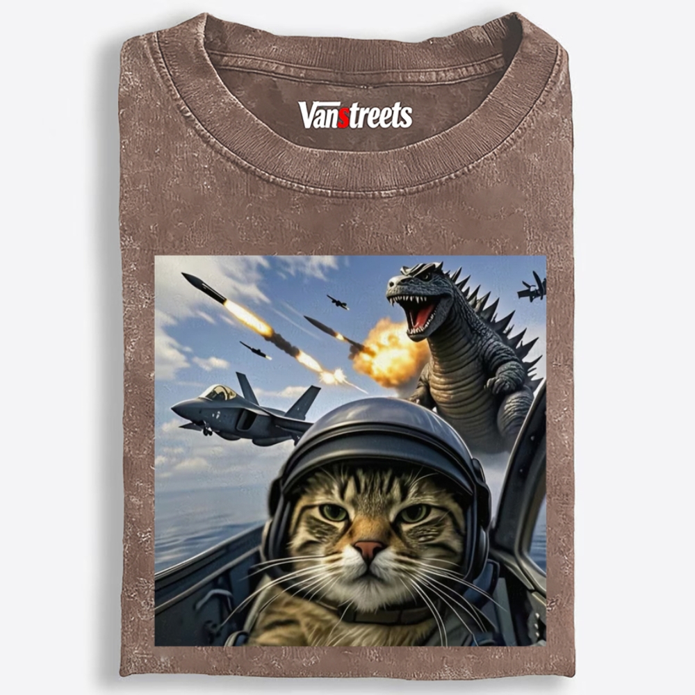 Kaiju Pilot Cat Retro Washed T-Shirt | 100% Cotton | Streetwear Essential