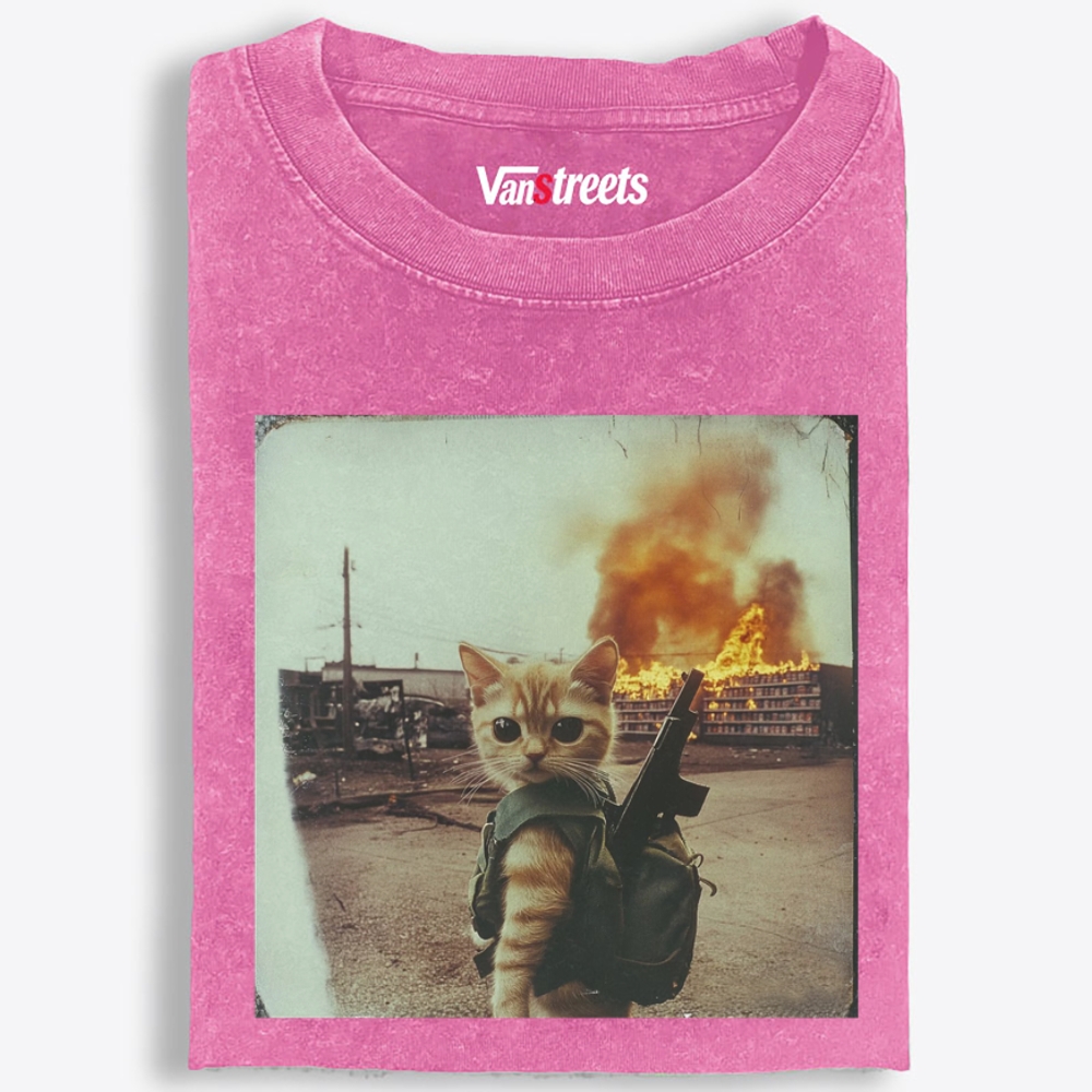 Warzone Kitten Retro Washed T-Shirt | 100% Cotton | Streetwear Essential