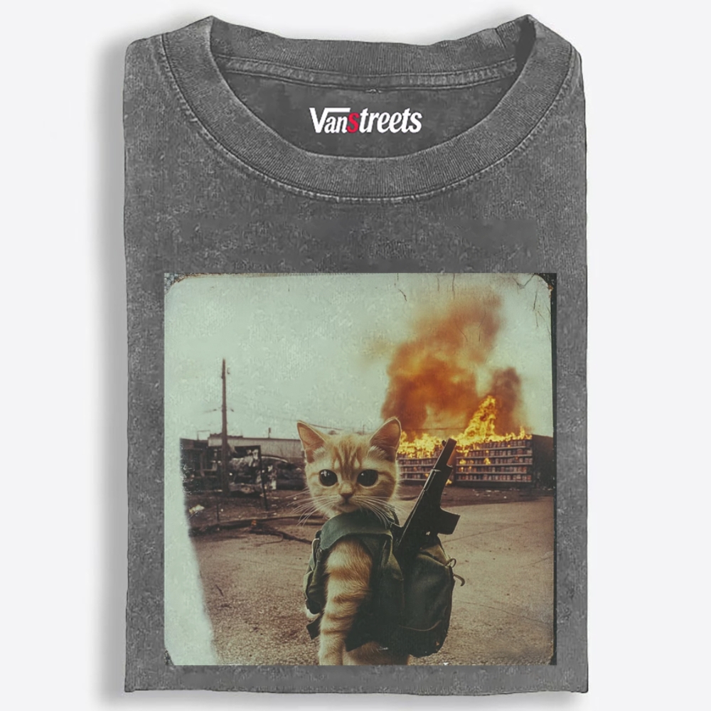 Warzone Kitten Retro Washed T-Shirt | 100% Cotton | Streetwear Essential