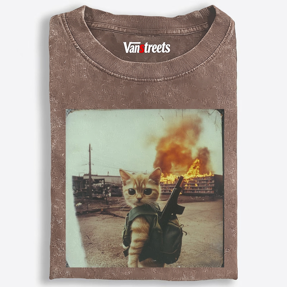 Warzone Kitten Retro Washed T-Shirt | 100% Cotton | Streetwear Essential