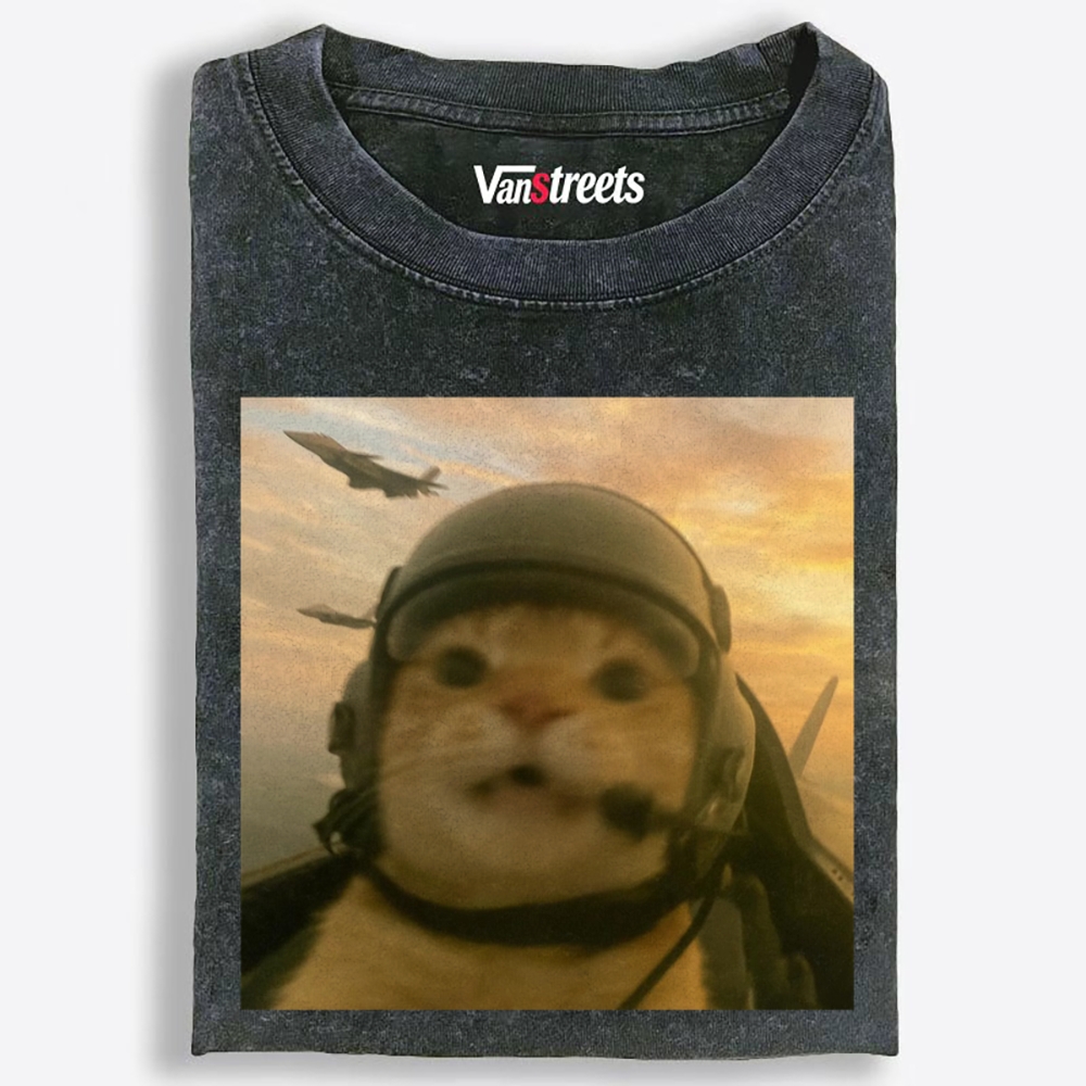 Air Combat Noob Cat Retro Washed T-Shirt | 100% Cotton | Streetwear Essential