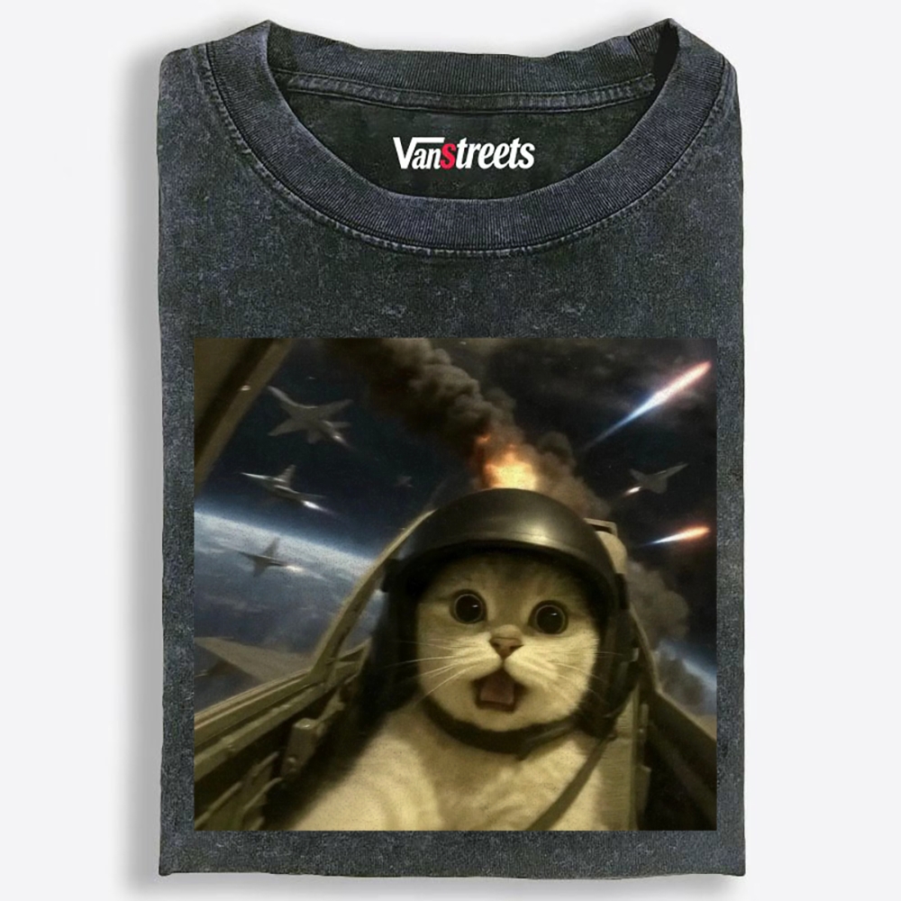 Terrified Space Pilot Cat Retro Washed T-Shirt | 100% Cotton | Streetwear Essential
