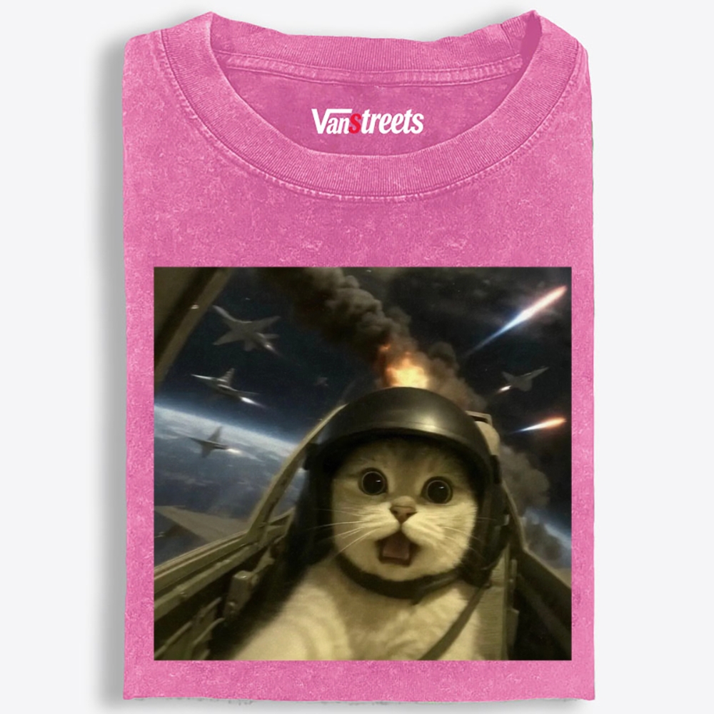 Terrified Space Pilot Cat Retro Washed T-Shirt | 100% Cotton | Streetwear Essential