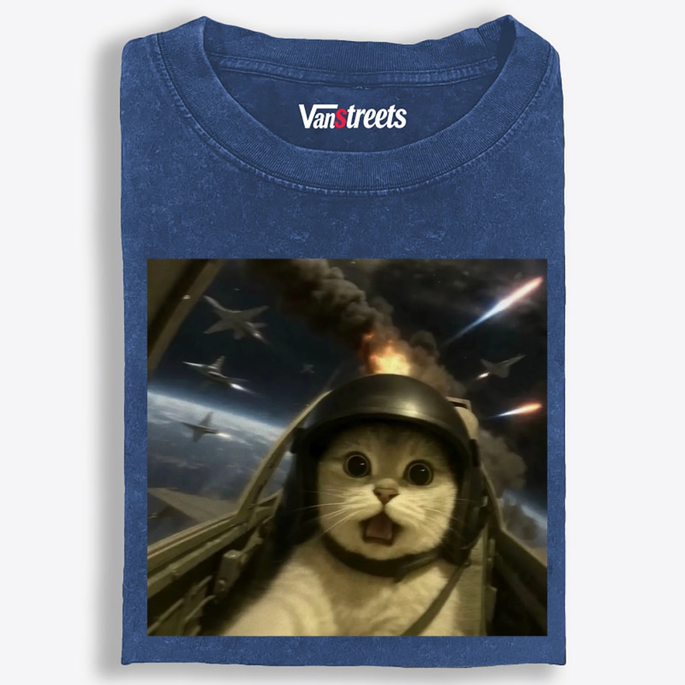 Terrified Space Pilot Cat Retro Washed T-Shirt | 100% Cotton | Streetwear Essential