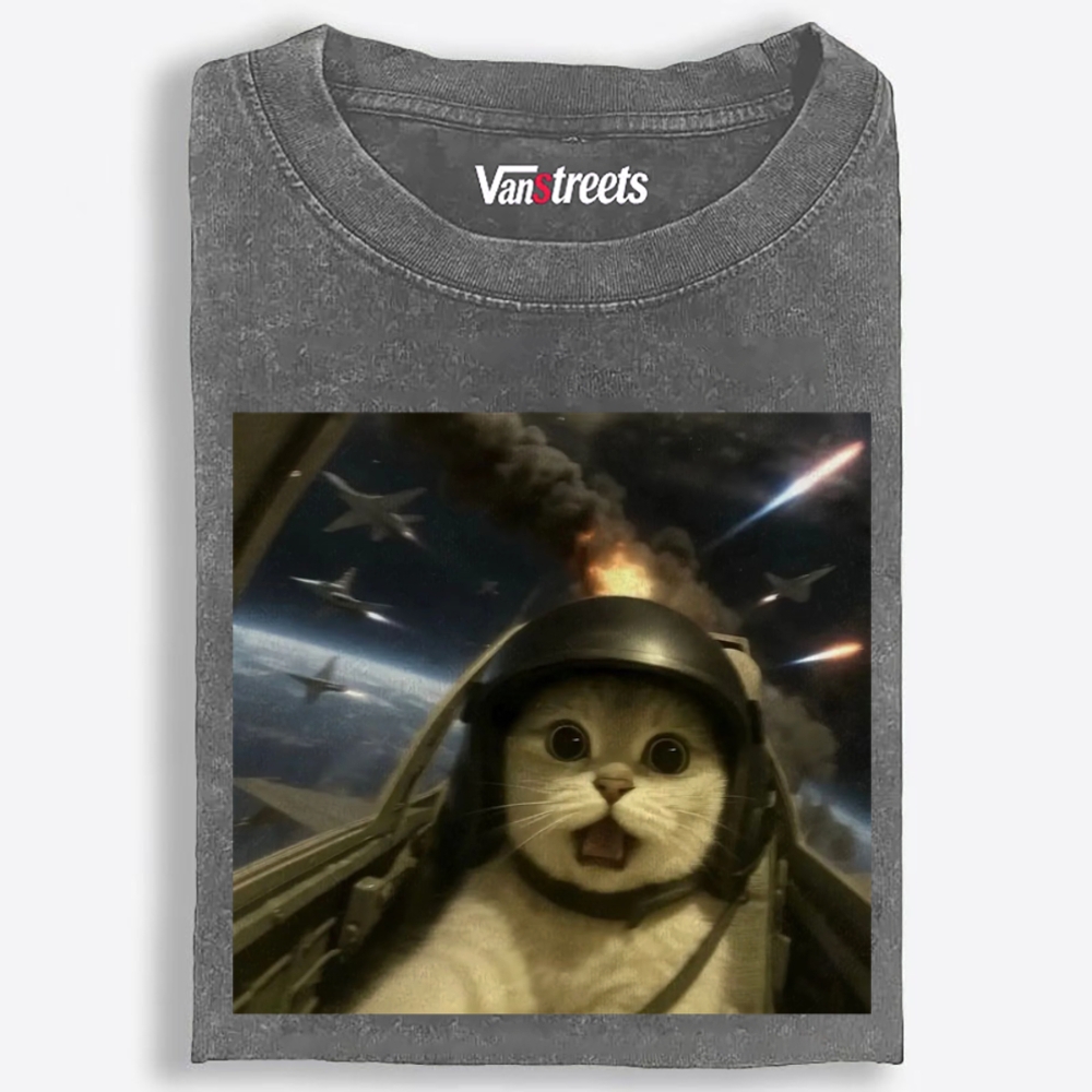 Terrified Space Pilot Cat Retro Washed T-Shirt | 100% Cotton | Streetwear Essential