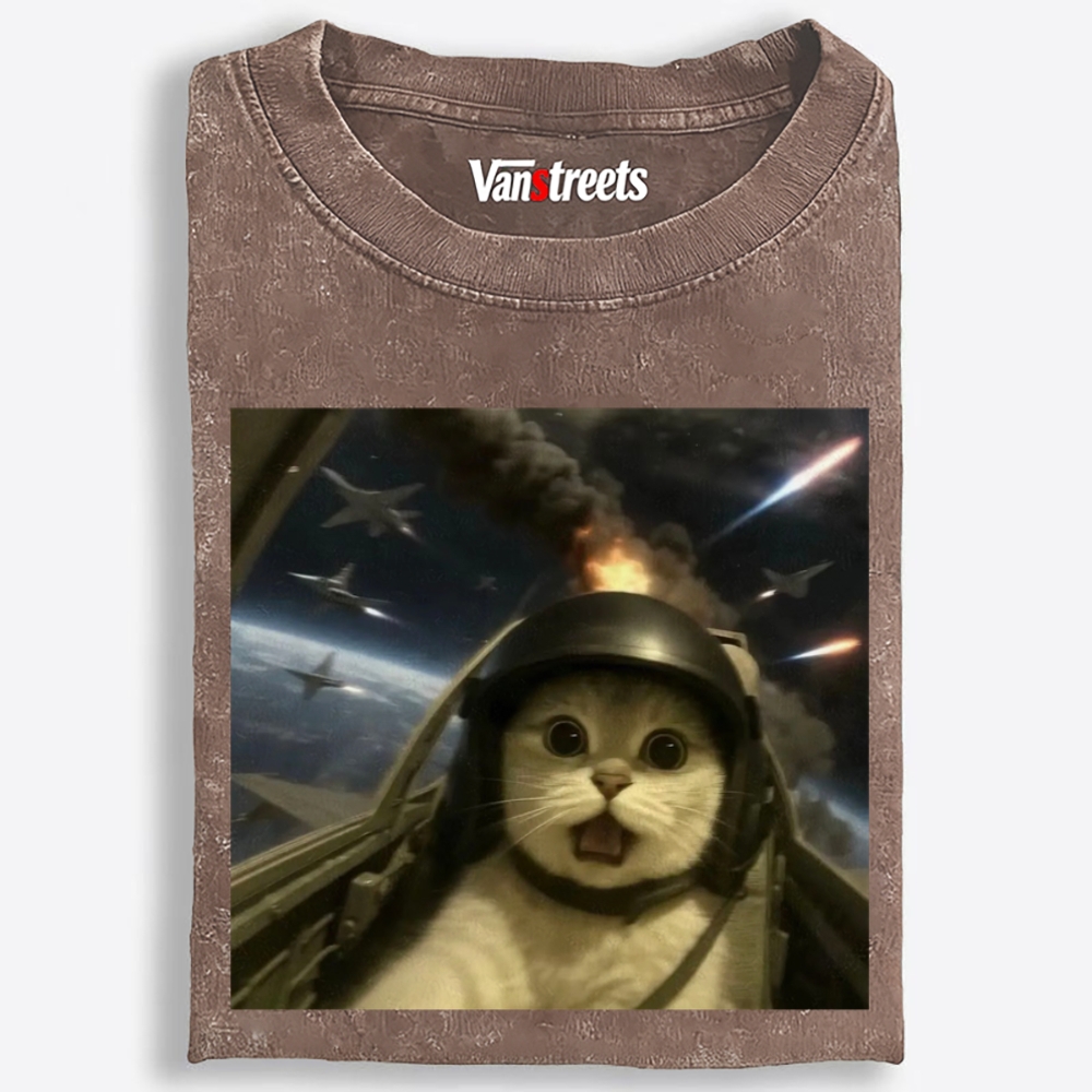 Terrified Space Pilot Cat Retro Washed T-Shirt | 100% Cotton | Streetwear Essential