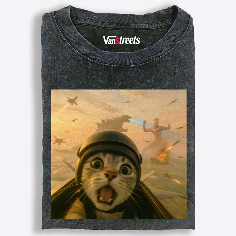 Apocalypse Run, Cat Pilot vs. Kaiju Retro Washed T-Shirt | 100% Cotton | Streetwear Essential
