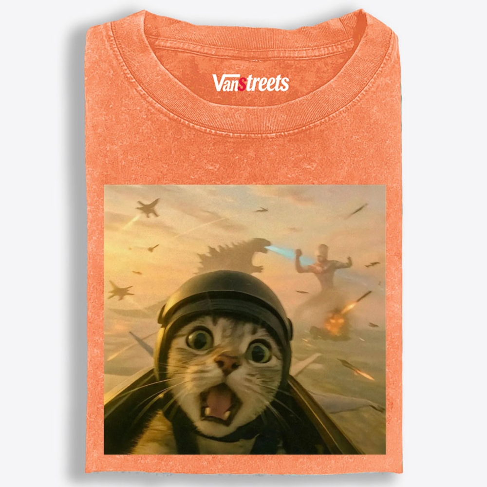Apocalypse Run, Cat Pilot vs. Kaiju Retro Washed T-Shirt | 100% Cotton | Streetwear Essential