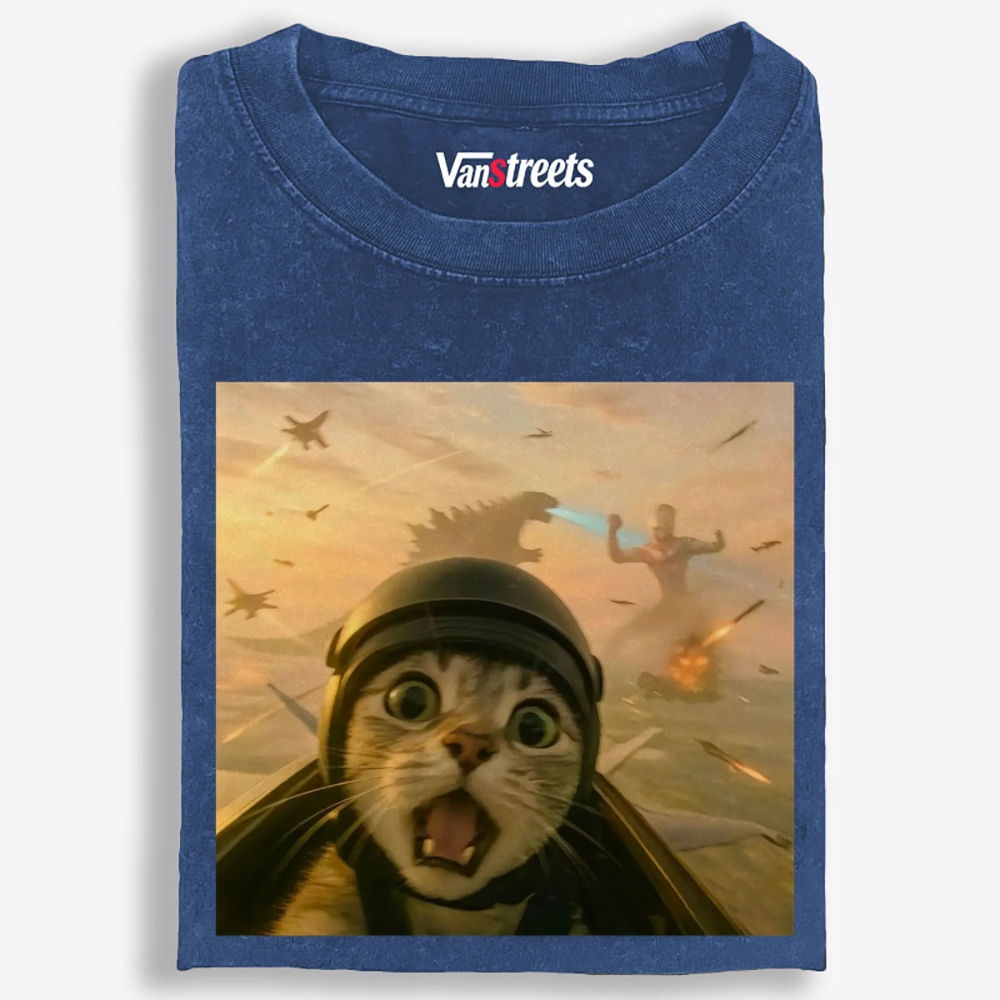 Apocalypse Run, Cat Pilot vs. Kaiju Retro Washed T-Shirt | 100% Cotton | Streetwear Essential