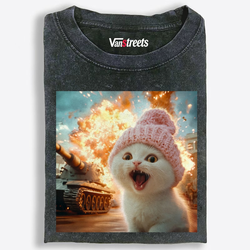 Pink Hat War Cat Retro Washed T-Shirt | 100% Cotton | Streetwear Essential