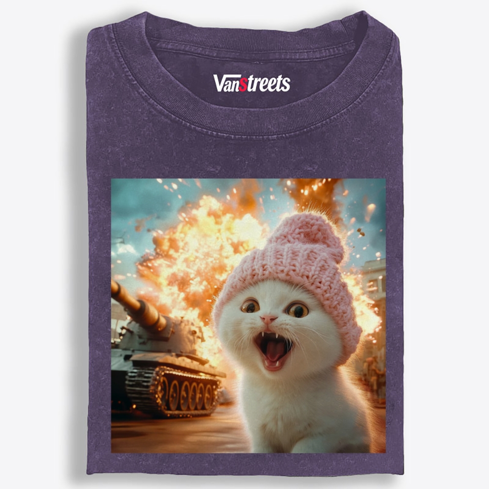 Pink Hat War Cat Retro Washed T-Shirt | 100% Cotton | Streetwear Essential