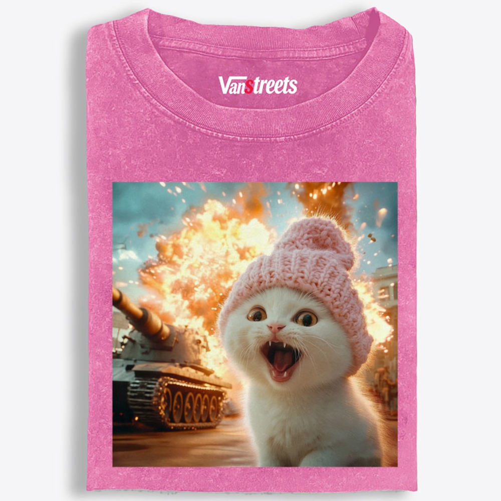Pink Hat War Cat Retro Washed T-Shirt | 100% Cotton | Streetwear Essential