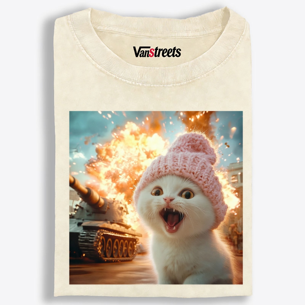 Pink Hat War Cat Retro Washed T-Shirt | 100% Cotton | Streetwear Essential