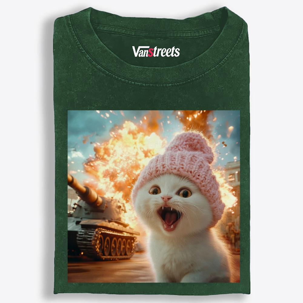Pink Hat War Cat Retro Washed T-Shirt | 100% Cotton | Streetwear Essential
