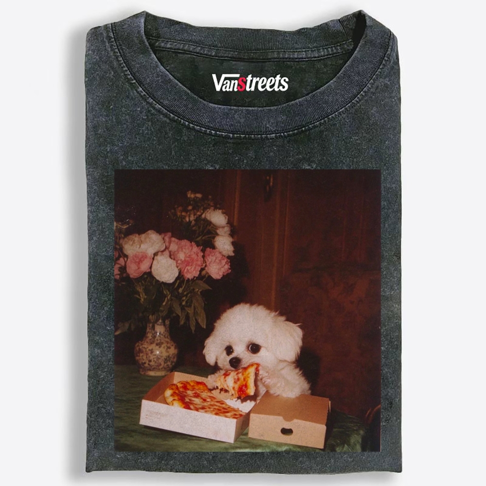 Puppy Pizza Night Retro Washed T-Shirt | 100% Cotton | Streetwear Essential