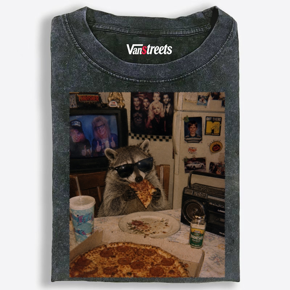 Trash Panda Pizza Night Retro Washed T-Shirt | 100% Cotton | Streetwear Essential