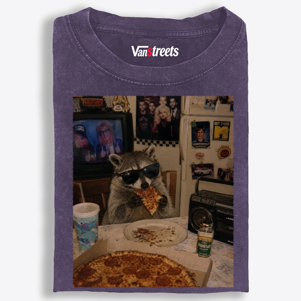 Trash Panda Pizza Night Retro Washed T-Shirt | 100% Cotton | Streetwear Essential