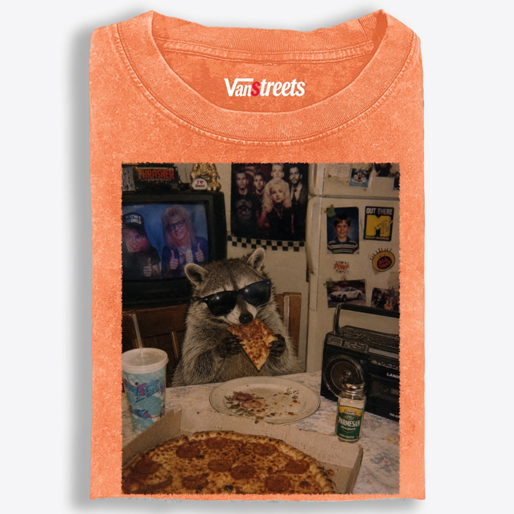 Trash Panda Pizza Night Retro Washed T-Shirt | 100% Cotton | Streetwear Essential