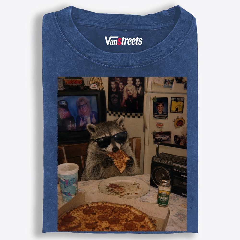 Trash Panda Pizza Night Retro Washed T-Shirt | 100% Cotton | Streetwear Essential