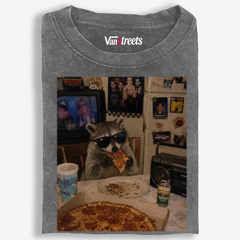 Trash Panda Pizza Night Retro Washed T-Shirt | 100% Cotton | Streetwear Essential