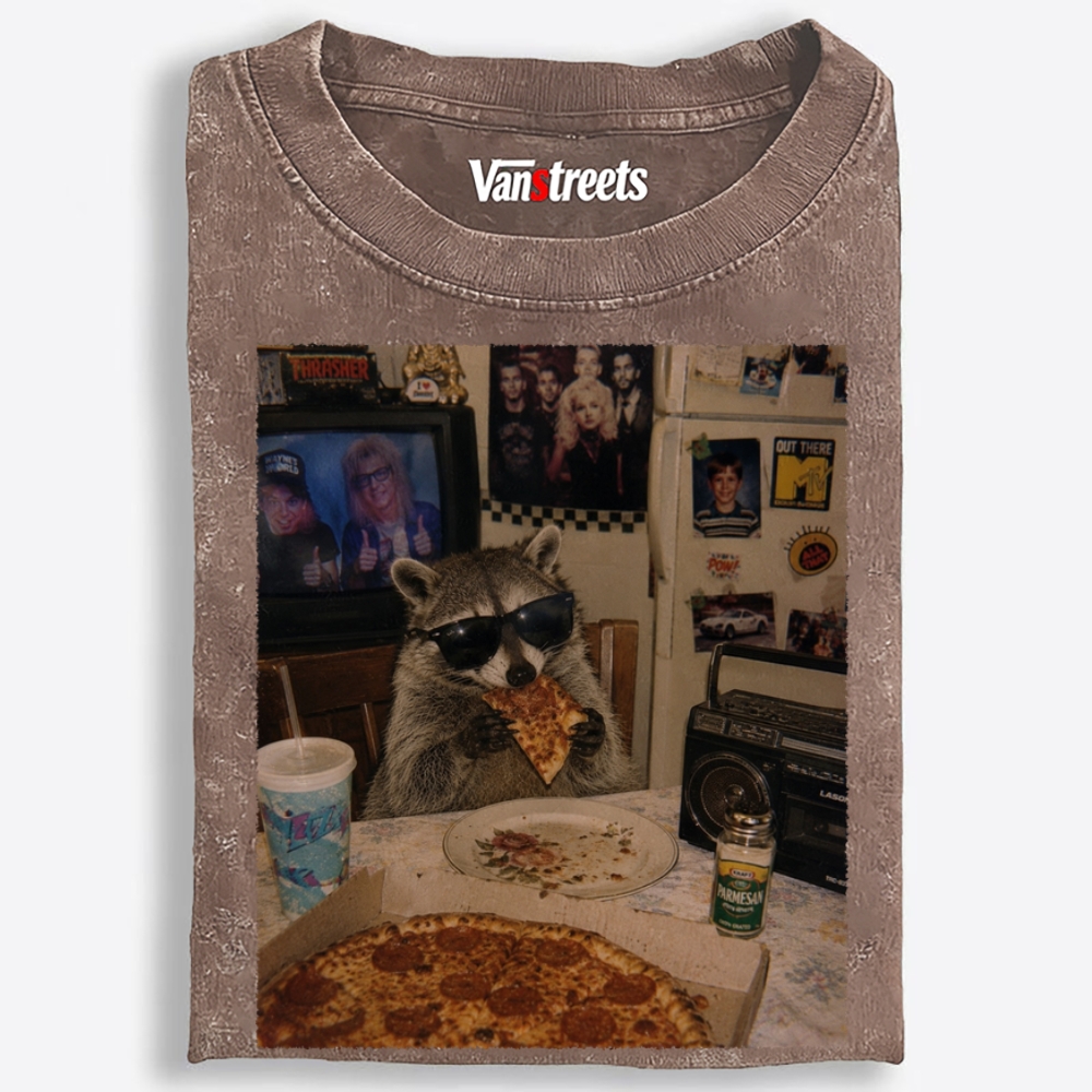 Trash Panda Pizza Night Retro Washed T-Shirt | 100% Cotton | Streetwear Essential