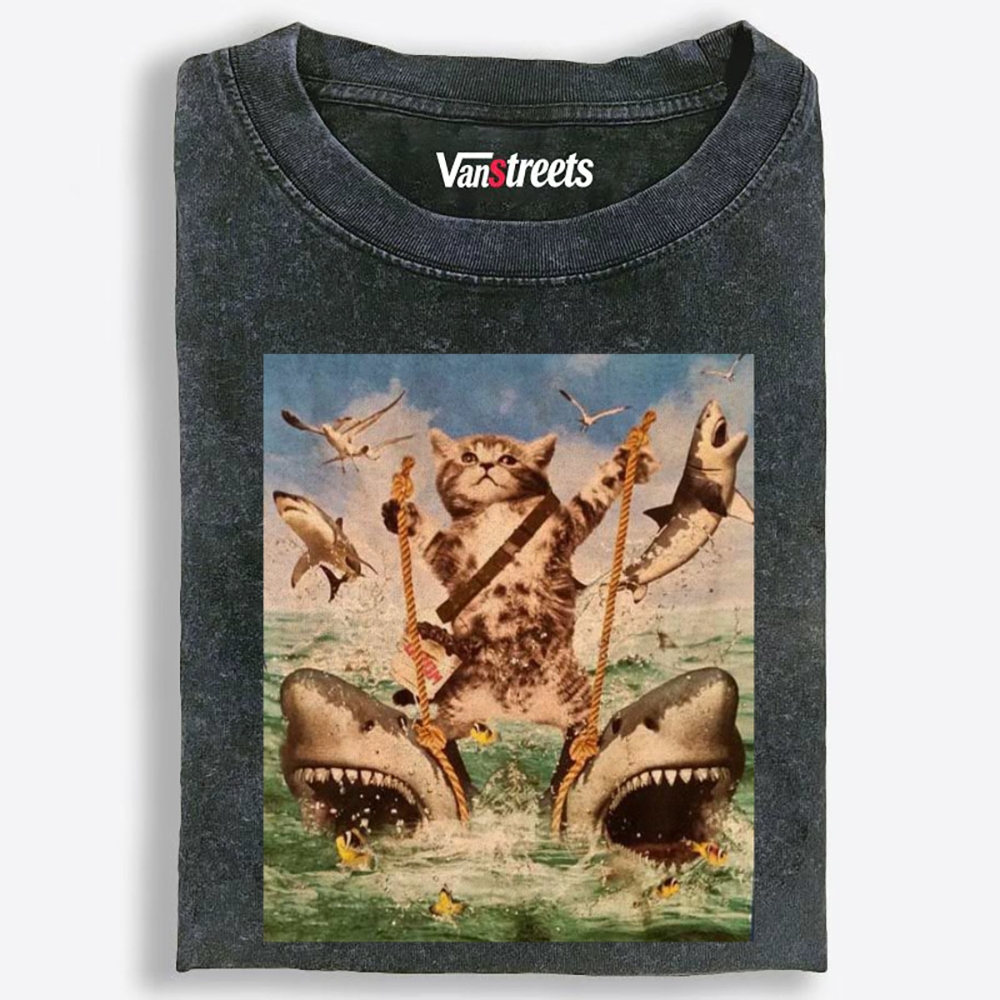 Cat Rules the Sharks Retro Washed T-Shirt | 100% Cotton | Streetwear Essential