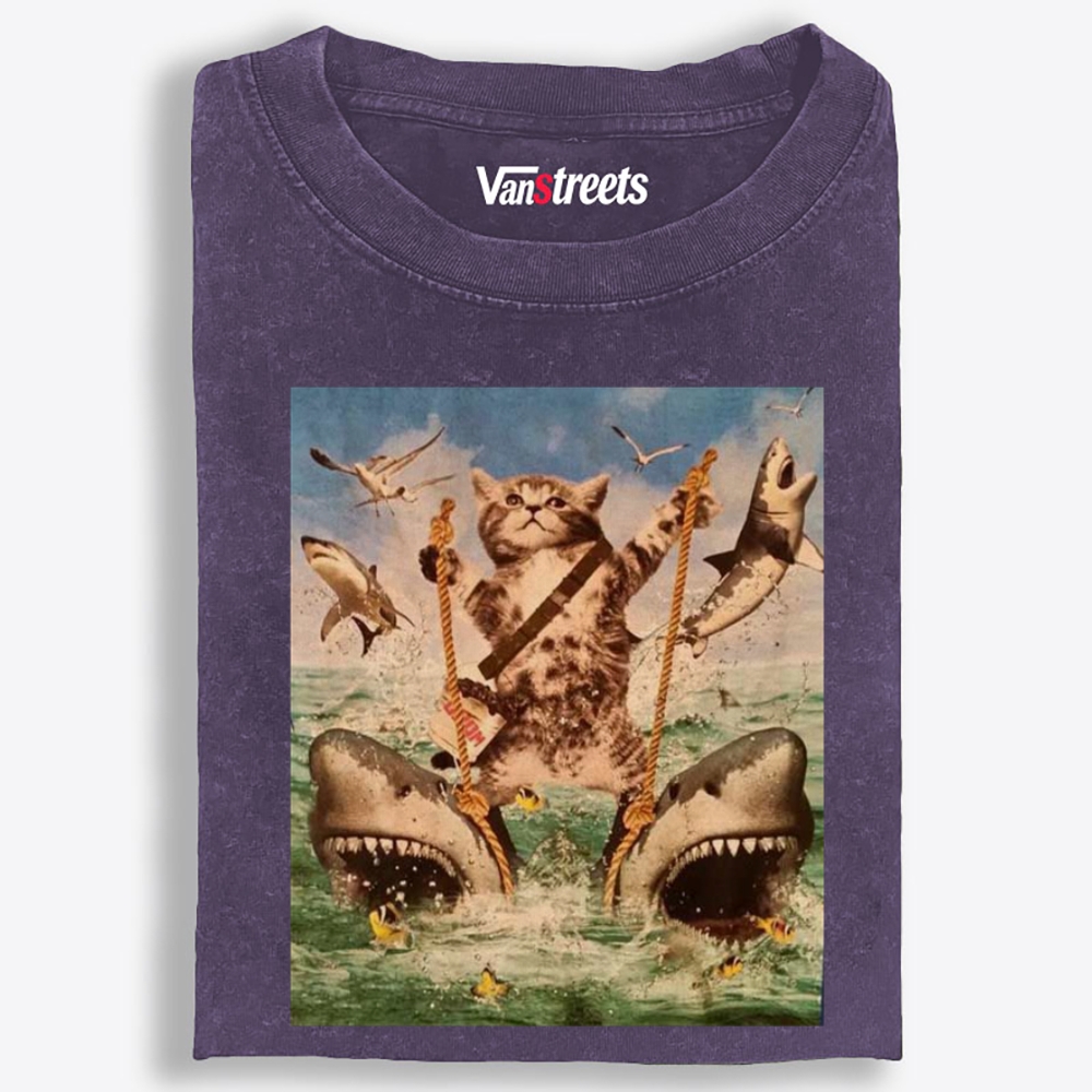 Cat Rules the Sharks Retro Washed T-Shirt | 100% Cotton | Streetwear Essential