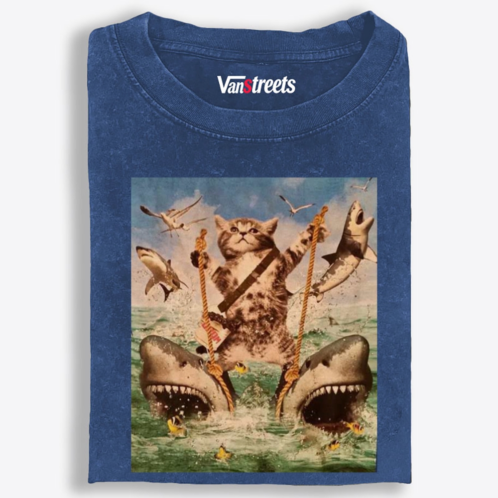 Cat Rules the Sharks Retro Washed T-Shirt | 100% Cotton | Streetwear Essential