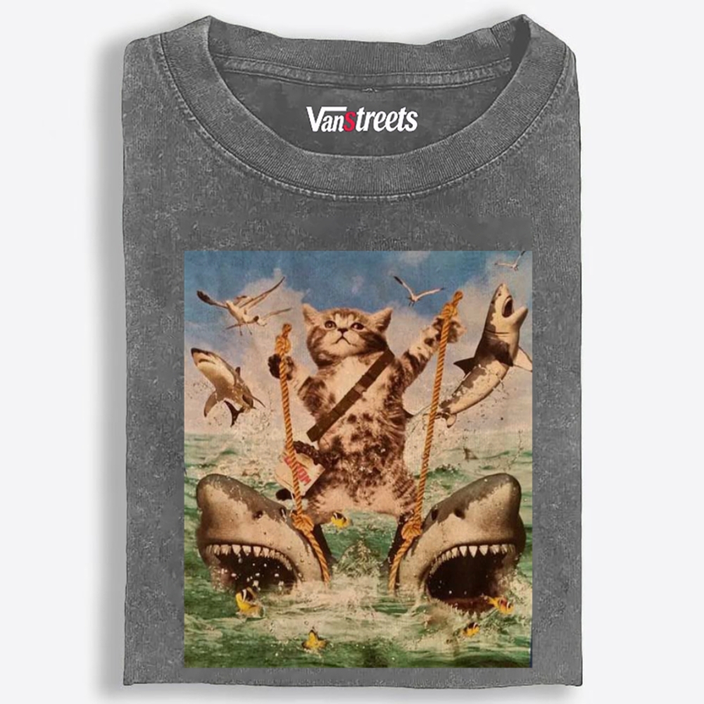 Cat Rules the Sharks Retro Washed T-Shirt | 100% Cotton | Streetwear Essential