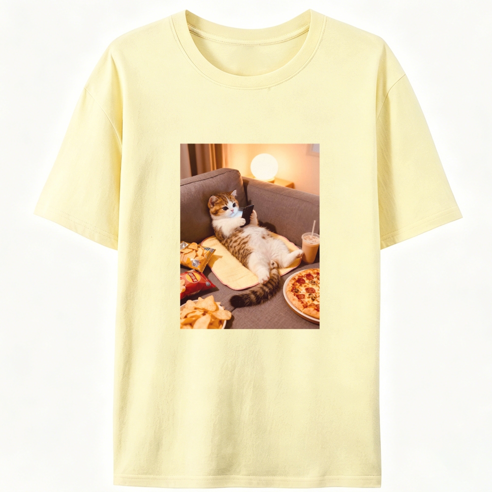 Cozy Cat Scrolling Phone With Snacks Designed for Women - Slim Fit Cotton Tee