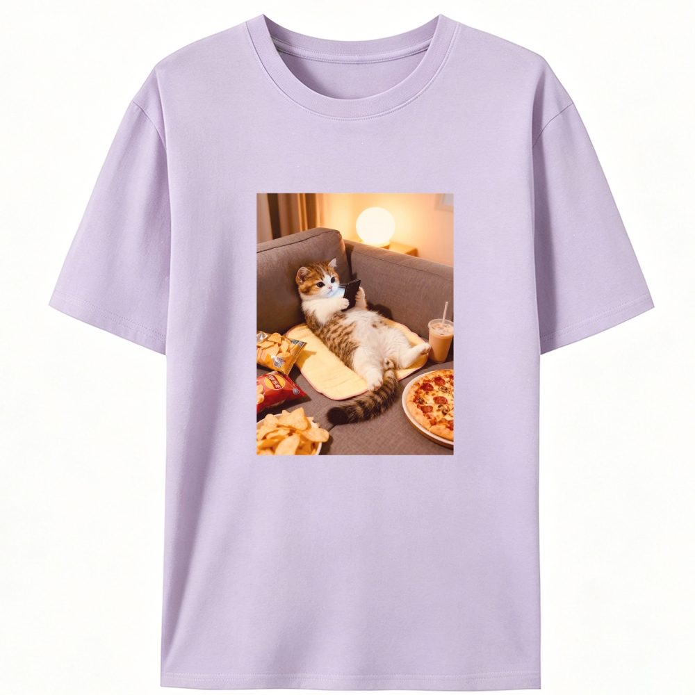 Cozy Cat Scrolling Phone With Snacks Designed for Women - Slim Fit Cotton Tee