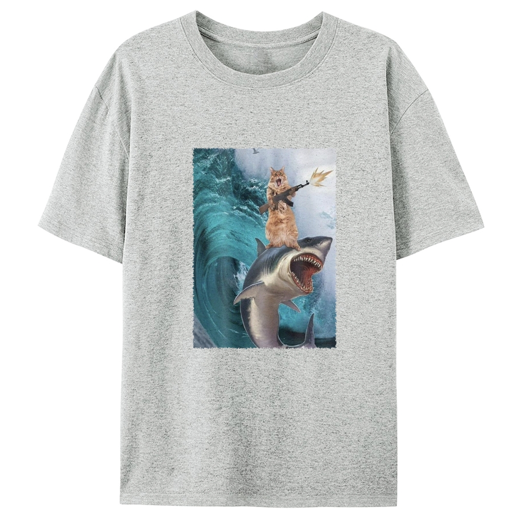 Gun Cat on Shark Retro Designed for Women - Slim Fit Cotton Tee
