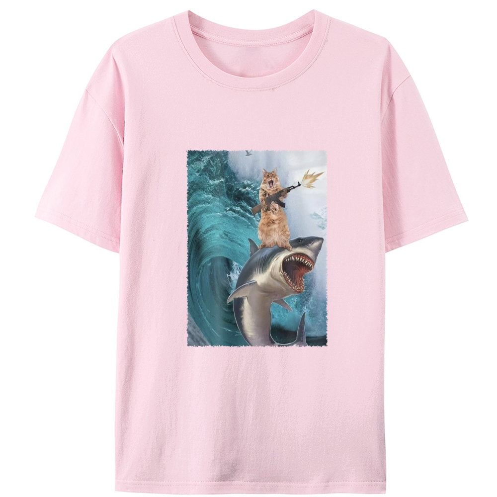 Gun Cat on Shark Retro Designed for Women - Slim Fit Cotton Tee