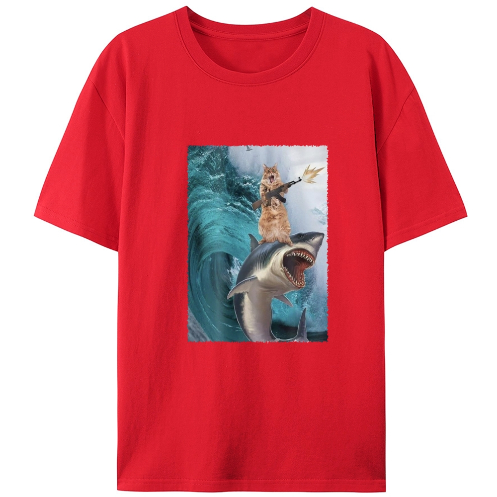 Gun Cat on Shark Retro Designed for Women - Slim Fit Cotton Tee