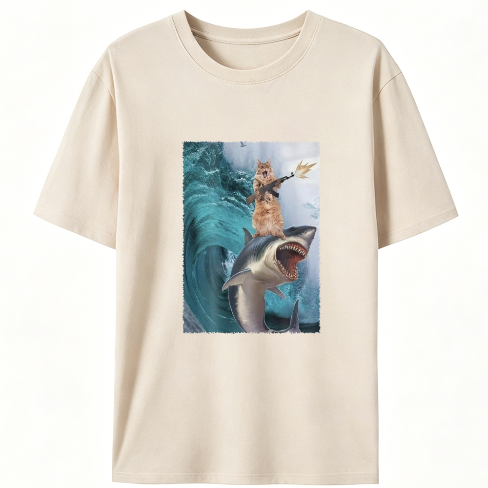 Gun Cat on Shark Retro Designed for Women - Slim Fit Cotton Tee