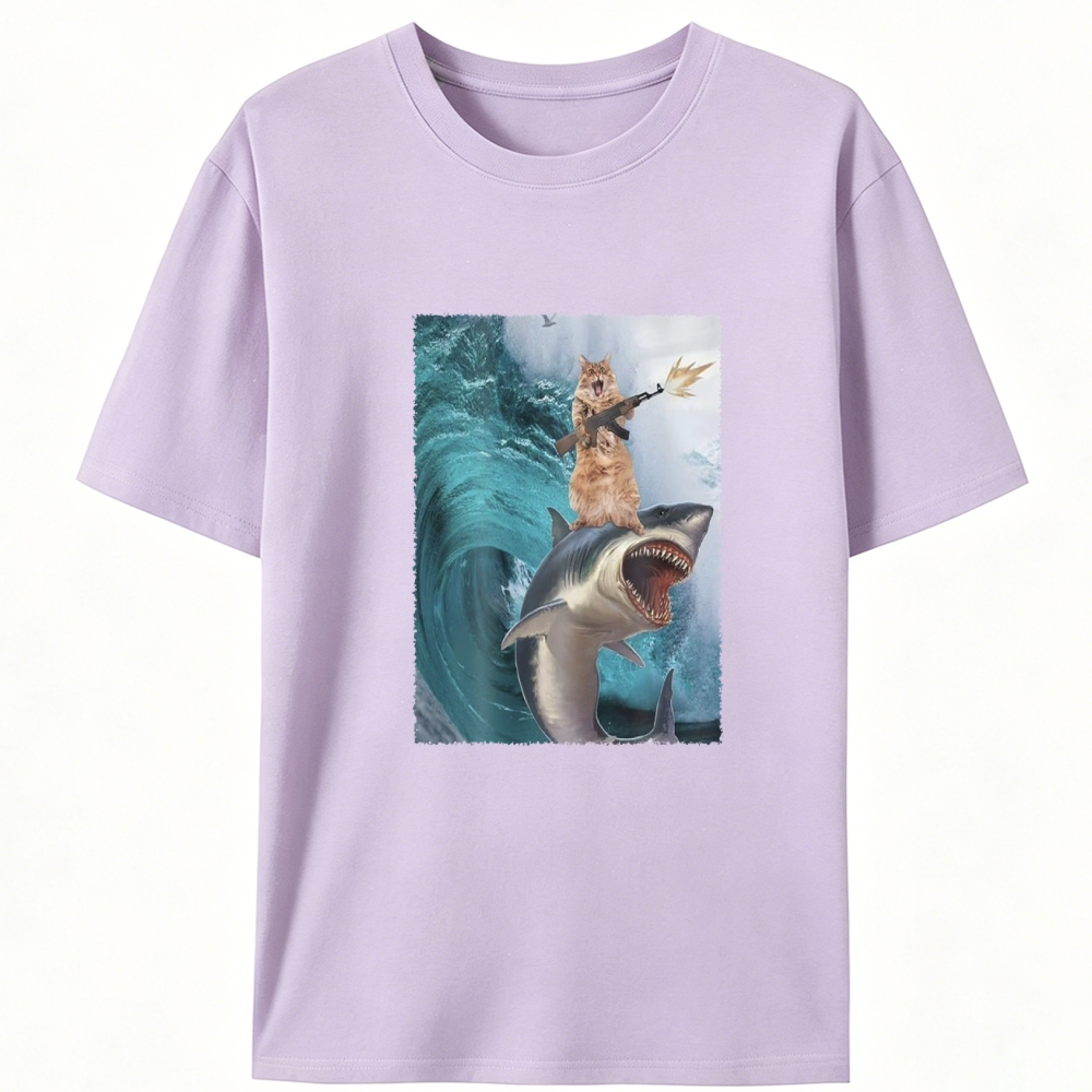 Gun Cat on Shark Retro Designed for Women - Slim Fit Cotton Tee