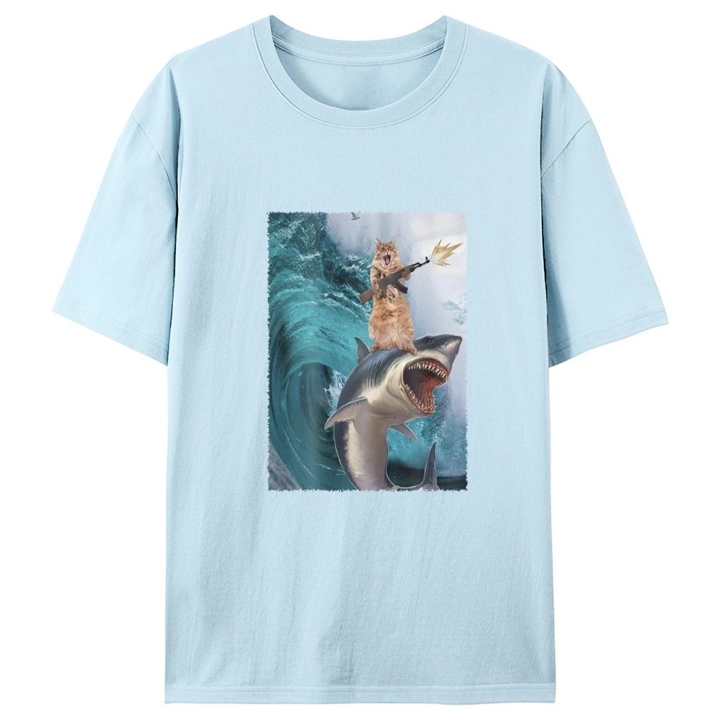 Gun Cat on Shark Retro Designed for Women - Slim Fit Cotton Tee