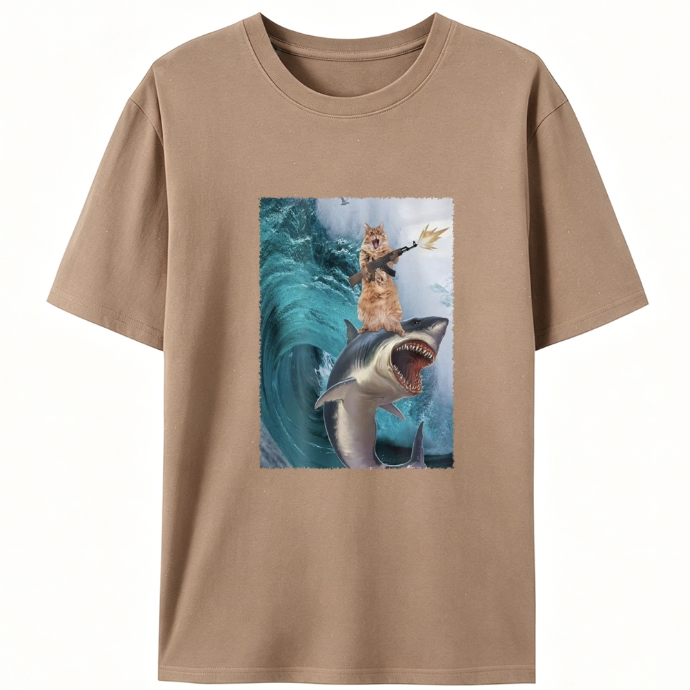 Gun Cat on Shark Retro Designed for Women - Slim Fit Cotton Tee