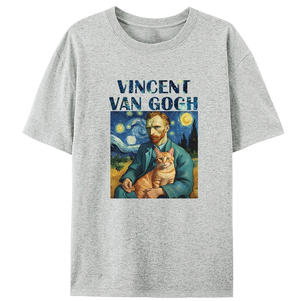 Vincent Van Gogh With Cat Starry Night Art Retro Designed for Women - Slim Fit Cotton Tee