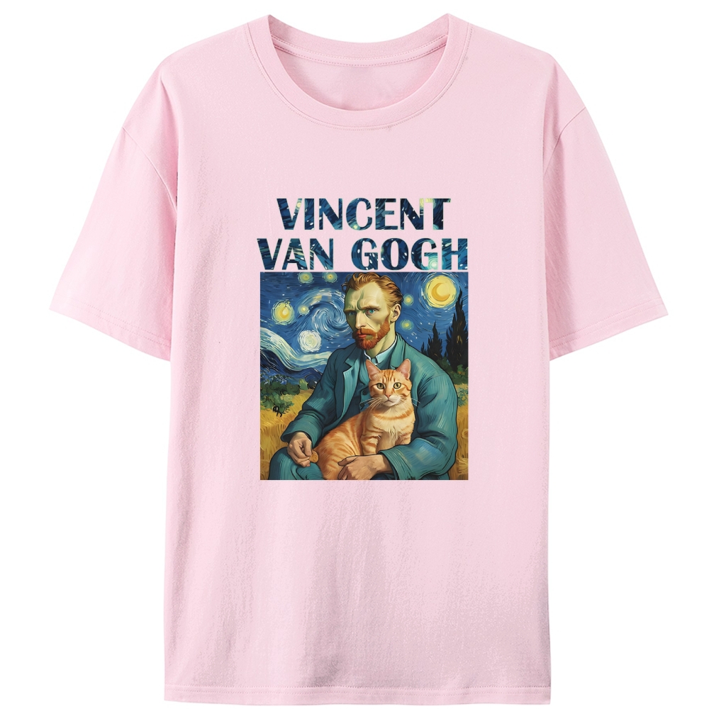 Vincent Van Gogh With Cat Starry Night Art Retro Designed for Women - Slim Fit Cotton Tee