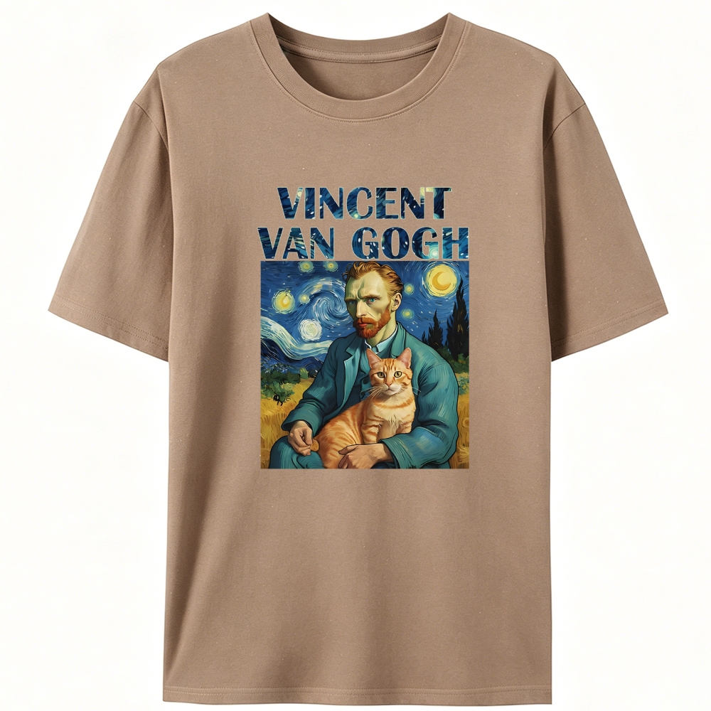 Vincent Van Gogh With Cat Starry Night Art Retro Designed for Women - Slim Fit Cotton Tee