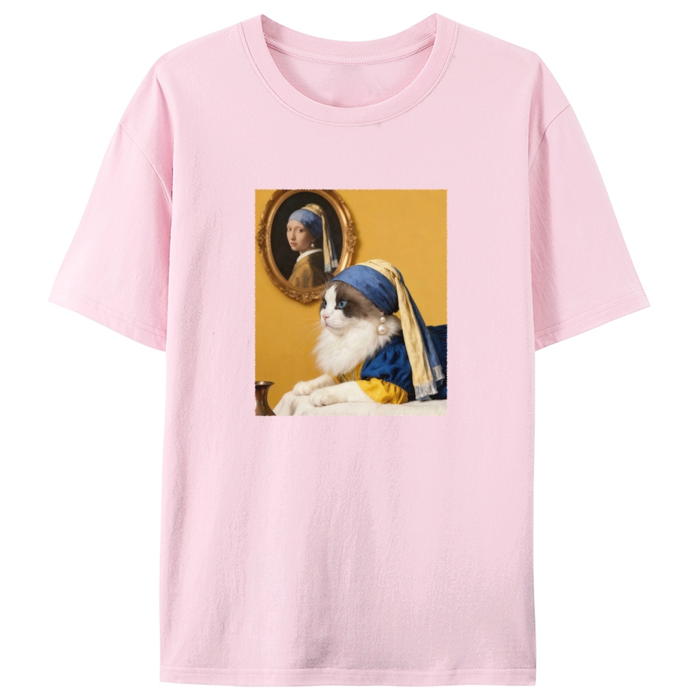 Cat with a Pearl Earring Retro Designed for Women - Slim Fit Cotton Tee