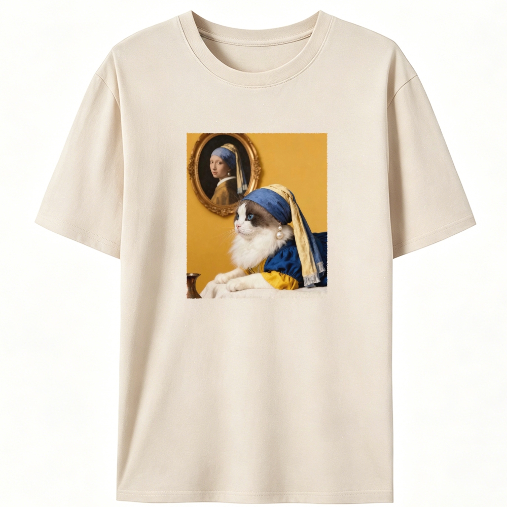 Cat with a Pearl Earring Retro Designed for Women - Slim Fit Cotton Tee